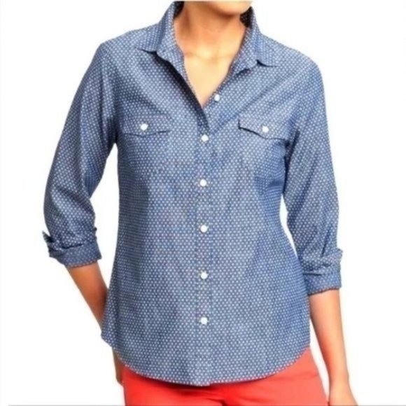 OLD NAVY Chambray Polka Dot Blue Button Down Shirt Sz L - Picture 1 of 7